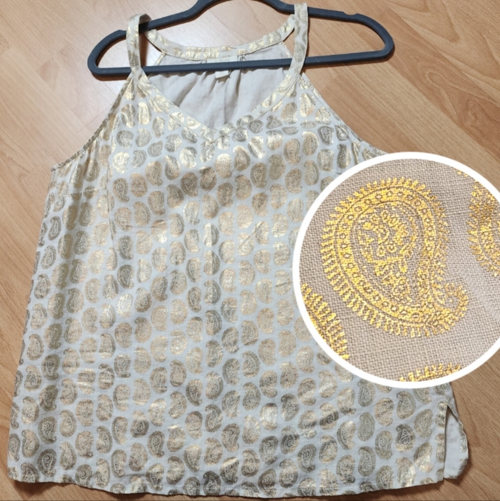 St. Tropez West 100% Linen Metallic Gold Paisley Beige Sleeveless Top Size Large